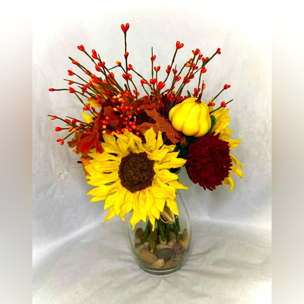 Hand made Autumn Floral Arrangement with Felt Sunflowers, Mums and Pumpkins